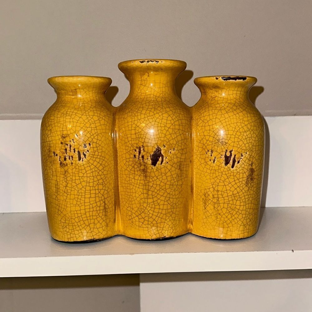 Vintage Triple Vase Decor Crackled Gold Brown Distressed - Picture 1 of 6